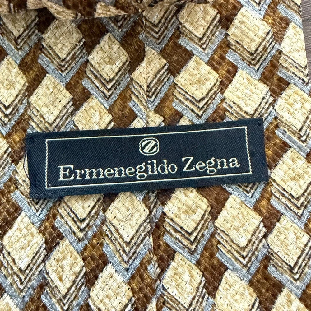 Ermenegildo Zegna Silk Tie Mens Gold Brown Geometric Diamond Woven Italy 60in‎